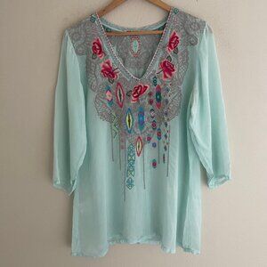 JOHNNY WAS Turquoise Semi-Sheer Top with Rose Embroidery: Size Large